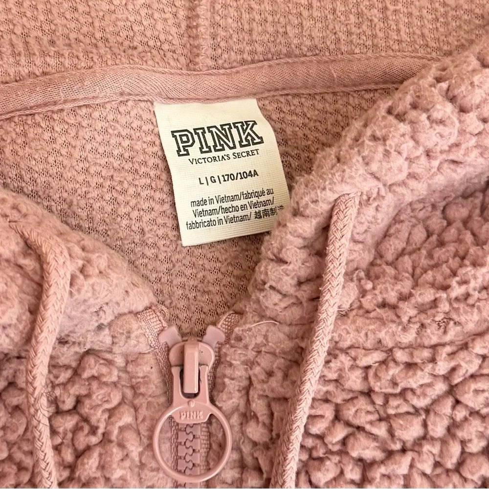 PINK Victoria’s Secret Varsity Sherpa Hoodie Size Large 1/4 Zip Pullover Pockets - Picture 9 of 10